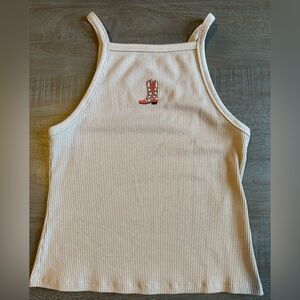 SO Beige Ribbed Tank Top with  Cowboy Boot Embroidery